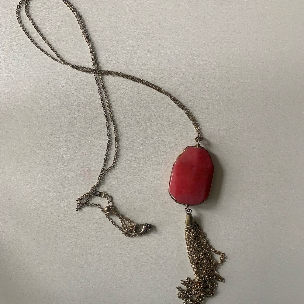 Gold-Tone Necklace with Red Stone Pendant and Chain Tassel Accent
